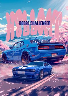 two blue cars driving down a road next to each other with the words dodge challenger on it