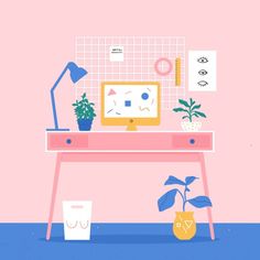 an illustration of a desk with a computer and potted plant