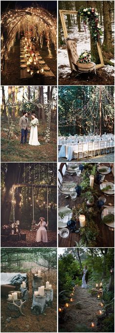 a collage of photos with chairs and tables in the woods at night, surrounded by candles