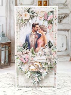 a wedding card with an image of the bride and groom