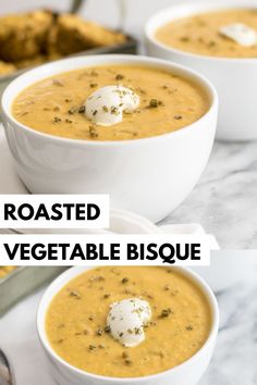 two bowls of roasted vegetable bisque with cheese on top