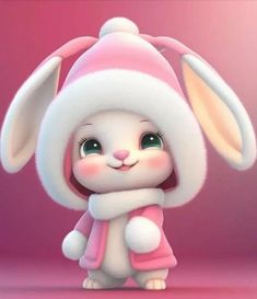 a cute little bunny wearing a pink hat and coat with white fur on it's ears