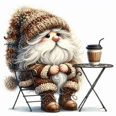 a painting of a santa clause sitting on a chair with a cup of coffee in front of him