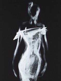 a drawing of a woman's torso in white on black paper, with lines drawn across it