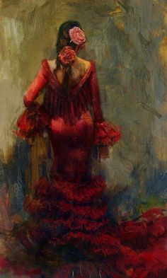 a painting of a woman wearing a red dress and holding a flower in her hair