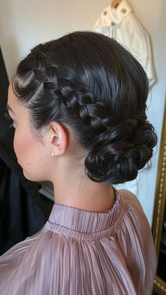 Flawless Braids: 16 Styles for Round Faces That Shine Front Braids With Bun, Low Bun With Braids Hairstyles, Bun And Braids, Hair Up With Braids, Cute Bun Hairstyles With Braid, Bun Hairstyles Dance, Braid To Low Bun, Bun Updo With Braid, Braid With Low Bun