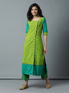 Buy Green Cotton Striped Yarn Dyed Kurta with Checkered Pants - Set of 2 online at Theloom Fusion Wear, Salwar Pattern, Green Checkered