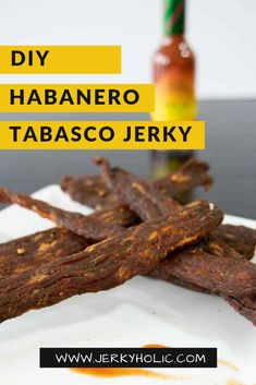 Habanero Tabasco Jerky with a bottle of Tabasco in the background. Jerky Marinades, Habanero Recipes, Best Beef Jerky, Meat Store