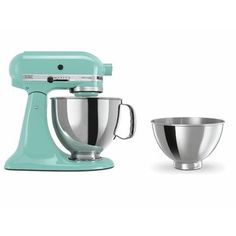 two mixers sitting next to each other in front of a white background and one has a bowl on the side