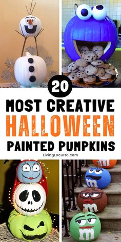 Best Halloween Painted Pumpkins Paint Halloween Pumpkins, Kids Pumpkin Decorating Ideas, Olaf Pumpkin Decorating, White Halloween Pumpkin Ideas, M&m Pumpkin Painting Ideas, Bb8 Pumpkin Painting, Wicked Pumpkin Painting, Decoration Pumpkin Ideas, Spiderweb Pumpkin Painting