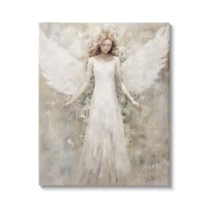 an angel with white wings standing in front of a gray background