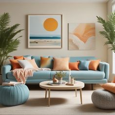 a living room with blue couches and orange pillows on the walls, palm trees in the background