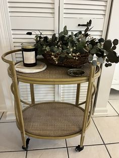 a small table with a basket on top