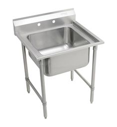 a stainless steel sink with two faucets on the legs