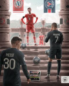 two soccer players are standing in front of an image of the same player on their team