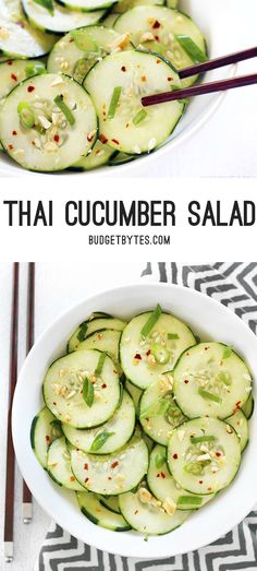 cucumber salad in a white bowl with chopsticks on the side and an image of sliced cucumbers