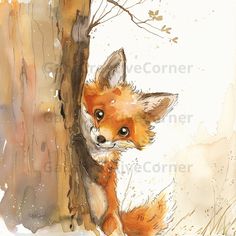 a watercolor painting of a fox peeking out from behind a tree