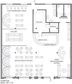 the floor plan for a restaurant with seating areas and an open kitchen area on one side