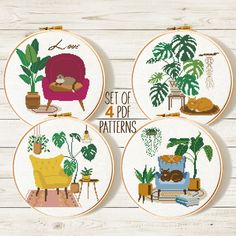 four cross stitch coasters with cats on couches and potted plants in them