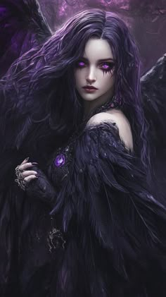 a woman with purple eyes and black wings