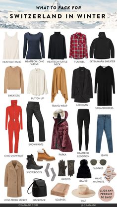 Packing Winter Travel, 2 Week Winter Packing List, Packing Outfits For Travel Winter, Switzerland Travel Winter Outfit, 4 Day Packing List Winter, Snow Packing List, Winter Clothes List, What To Wear In Norway Winter