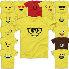 a group of yellow t - shirts with different emoticions and faces on them