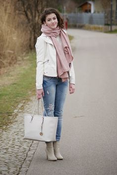 Shop this look for $524:  http://lookastic.com/women/looks/jacket-and-scarf-and-jeans-and-shopper-handbag-and-ankle-boots/1944  — White Leather Jacket  — Pink Scarf  — Light Blue Jeans  — White Leather Tote Bag  — Grey Leather Ankle Boots White Leather Moto Jacket Outfit, White Jacket Outfit Dressy, White Faux Leather Jacket Outfit, White Moto Jacket Outfit