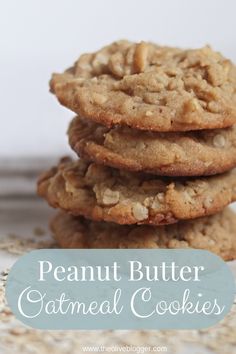 three peanut butter oatmeal cookies stacked on top of each other with the words,