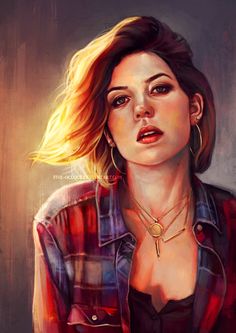 a painting of a woman with blonde hair wearing a plaid shirt and gold hoop earrings