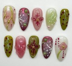 Orchid Nails, 3d Flower Nails, Medium Almond, Almond Shape, Nail Sets, Kawaii Nails, Star Nails, Crystal Nails