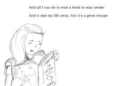 a drawing of a girl reading a book with the caption and all i can do is read a book to stay awake