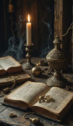 an open book sitting on top of a wooden table next to a candle and other items