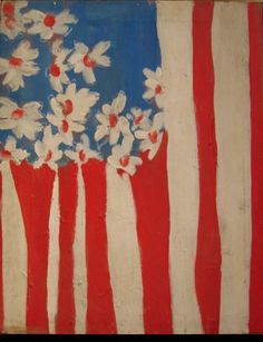 an american flag with daisies painted on the side and red white and blue stripes