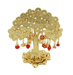 a gold tree with red and white beads on it's branches is shown in front of a white background