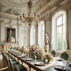 an elegant dining room with chandelier, table and chairs