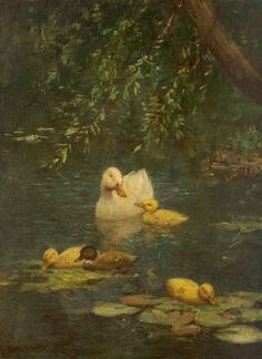 an oil painting of ducks and ducklings in a pond