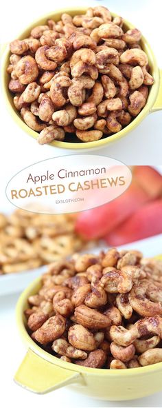 two bowls filled with roasted cashews sitting next to each other