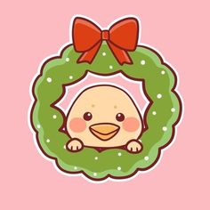 a cartoon bird with a wreath around it's neck and a red bow on its head