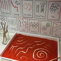 a white table topped with a bowl filled with red liquid and lots of writing on it