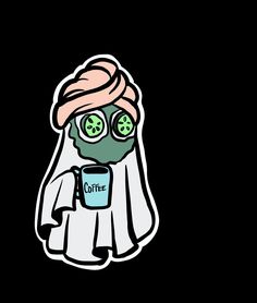 a sticker depicting a person wearing a gas mask and holding a cup with cucumbers on it