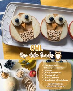 an image of apples and bananas with owls made out of them on a platter