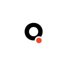 a black and red letter q with an orange dot