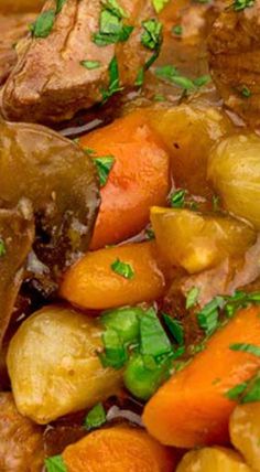 a stew with carrots, potatoes and meat