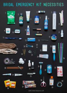 the contents of a bride's emergency kit laid out on a blackboard with instructions