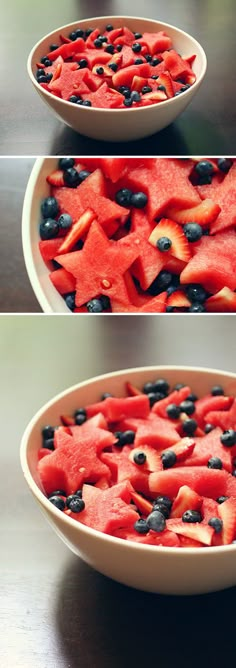 three pictures of watermelon and blueberries in a bowl with the caption happy fourth