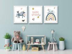 two children's posters on the wall in a room with toys and other items