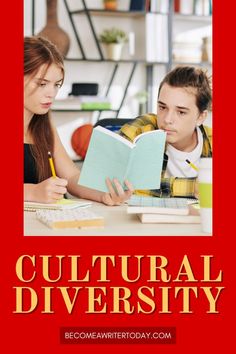 two people sitting at a table with a book in front of them and the text cultural diversity