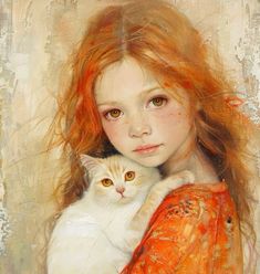 a painting of a girl holding a white cat with long red hair and orange eyes