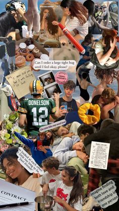 collage of people with signs and papers in the middle, one person holding a cell phone