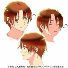 three different angles of the head of a person with brown hair and yellow eyes,